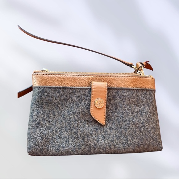 Michael Kors Handbags - Michael Kors Wristlet Wallet Brown MK Logo PVC Leather Trim Strap Zip Clutch
